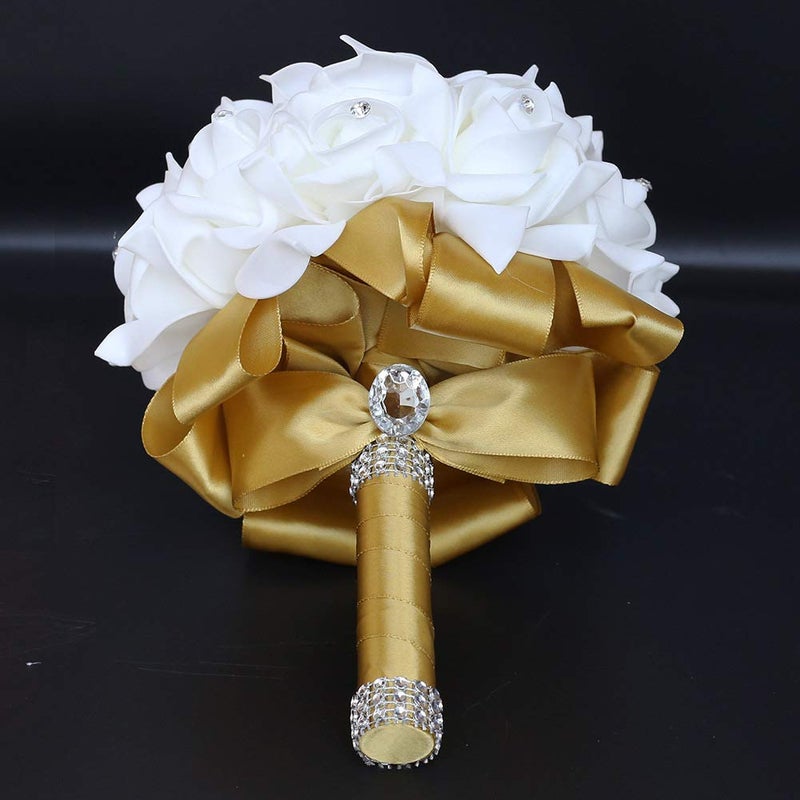 Flonding Wedding Bouquet, Gold Bouquet for Bride Bridesmaid with Diamond Soft Ribbons, Artificial Rose Bridal Holding Flowers for Party Church - Image 3